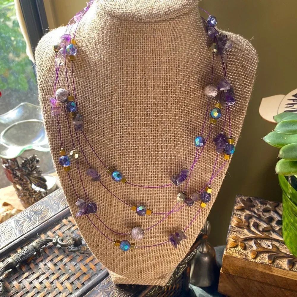 Natural Amethyst Multi Bead Wired Tiered Necklace